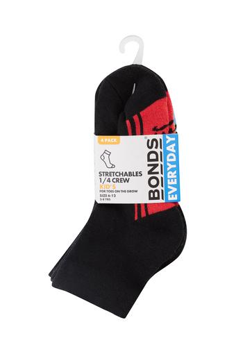 Kids Stretchables Quarter Crew Socks 4 Pack (Black)