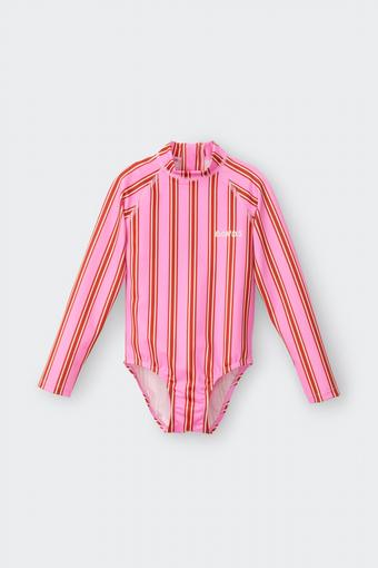 Kids Swim Long Sleeve One Piece (Deck Chair Stripe Pink)