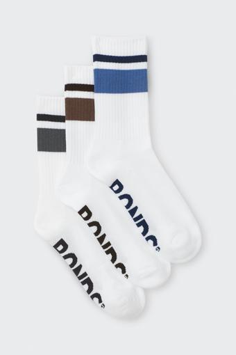 Mens Logo Cushioned Crew With Stripe 3 Pack (White Base Pop)