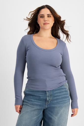 Organic Cotton Rib Long Sleeve Scoop Tee (Japanese Denim)