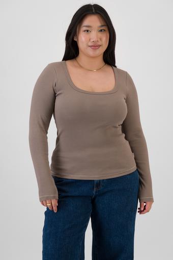 Cotton Rib Bra Long Sleeve Top (Bentonite)