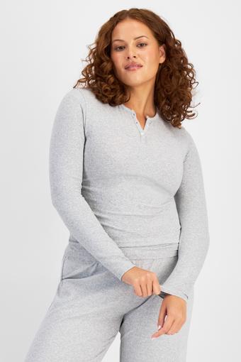 Sleep Pointelle Henley Long Sleeve Top (New Grey Marle)