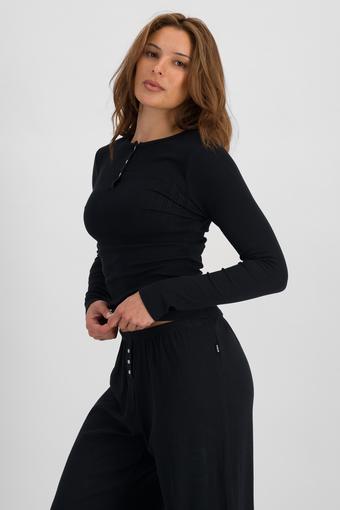 Sleep Pointelle Henley Long Sleeve Top (Nu Black)