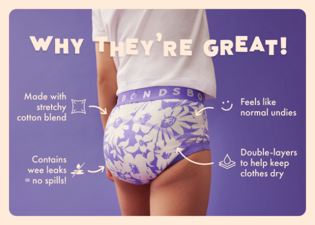 Why they're great. Made with stretchy cotton blend. Feels like normal undies. Contains wee leaks = no spills. Double layers to help keep clothes dry.
