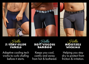 Hello X-Temp Glide Panels, adaptive cooling tech works to curb chafing before it starts. Hello soft viscose bamboo. Keeps you cool, comfy and away from hot & bothered. Hello moisture wicking. Helping you stay dry to protect from friction and irritation.