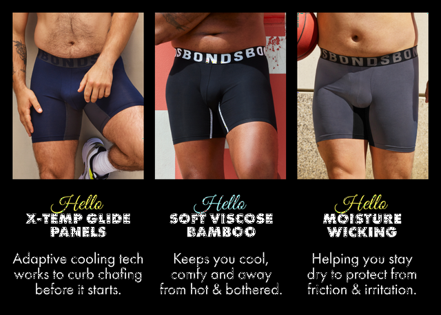 Hello X-Temp Glide Panels, adaptive cooling tech works to curb chafing before it starts. Hello soft viscose bamboo. Keeps you cool, comfy and away from hot & bothered. Hello moisture wicking. Helping you stay dry to protect from friction and irritation.