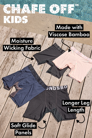 Chafe off kids. Moisture wicking fabric. Made with viscose bamboo. Longer leg length. Soft glide panels.