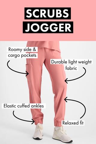 Scrubs Jogger. Roomy side and cargo pockets. Durable lightweight fabric. Elastic cuffed ankles. Relaxed fit.