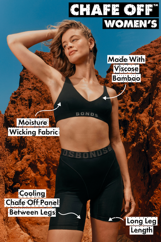 Chafe off womens. Made with viscose bamboo. Moisture wicking fabric. Chafe off panel between legs with cooling finish. Long leg length.