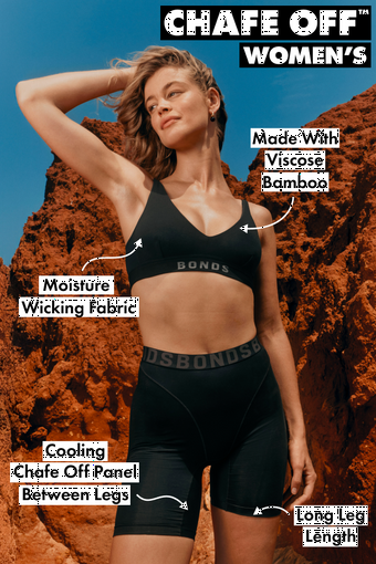 Chafe off womens. Made with viscose bamboo. Moisture wicking fabric. Chafe off panel between legs with cooling finish. Long leg length.