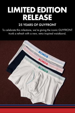 LIMITED EDITION RELEASE. 25 YEARS OF GUYFRONT. To celebrate this milestone, we're giving the iconic GUYFRONT trunk a refresh with a new, retro-inspired waistband.