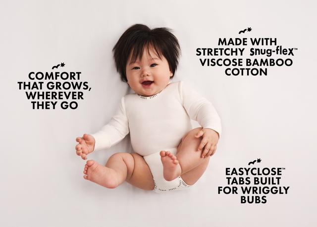 All day comfort for every wiggle and play. Made with stretchy snug-flex viscose bamboo cotton. Easyclose tabs built for wriggly bubs.